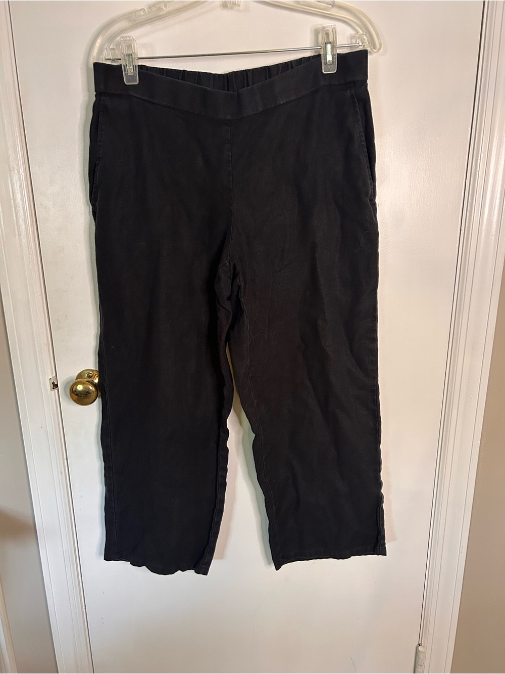 EILEEN FISHER BLACK LINEN PULL ON CROPPED PANTS WITH POCKETS SIZE MEDIUM